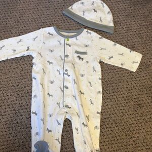 Little Me Gray and White Footie with different animals and matching hat